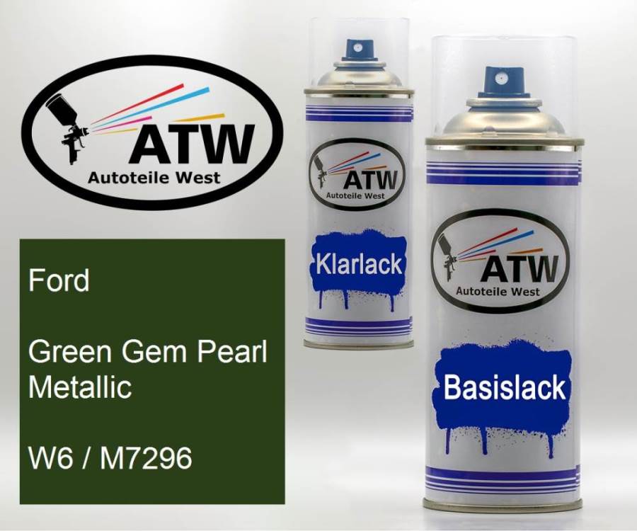 Ford, Green Gem Pearl Metallic, W6 / M7296: 400ml Sprühdose + 400ml Klarlack - Set, von ATW Autoteile West.